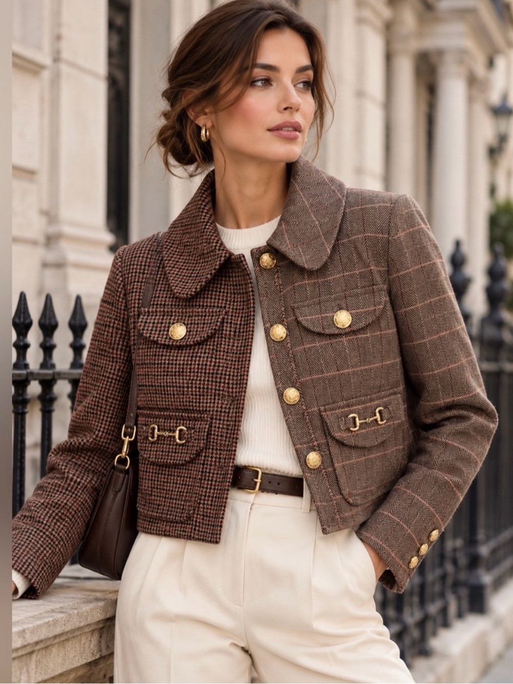 Avec Les Filles Mixed Plaid Houndstooth Cropped Equestrian Jacket M NWT Gold